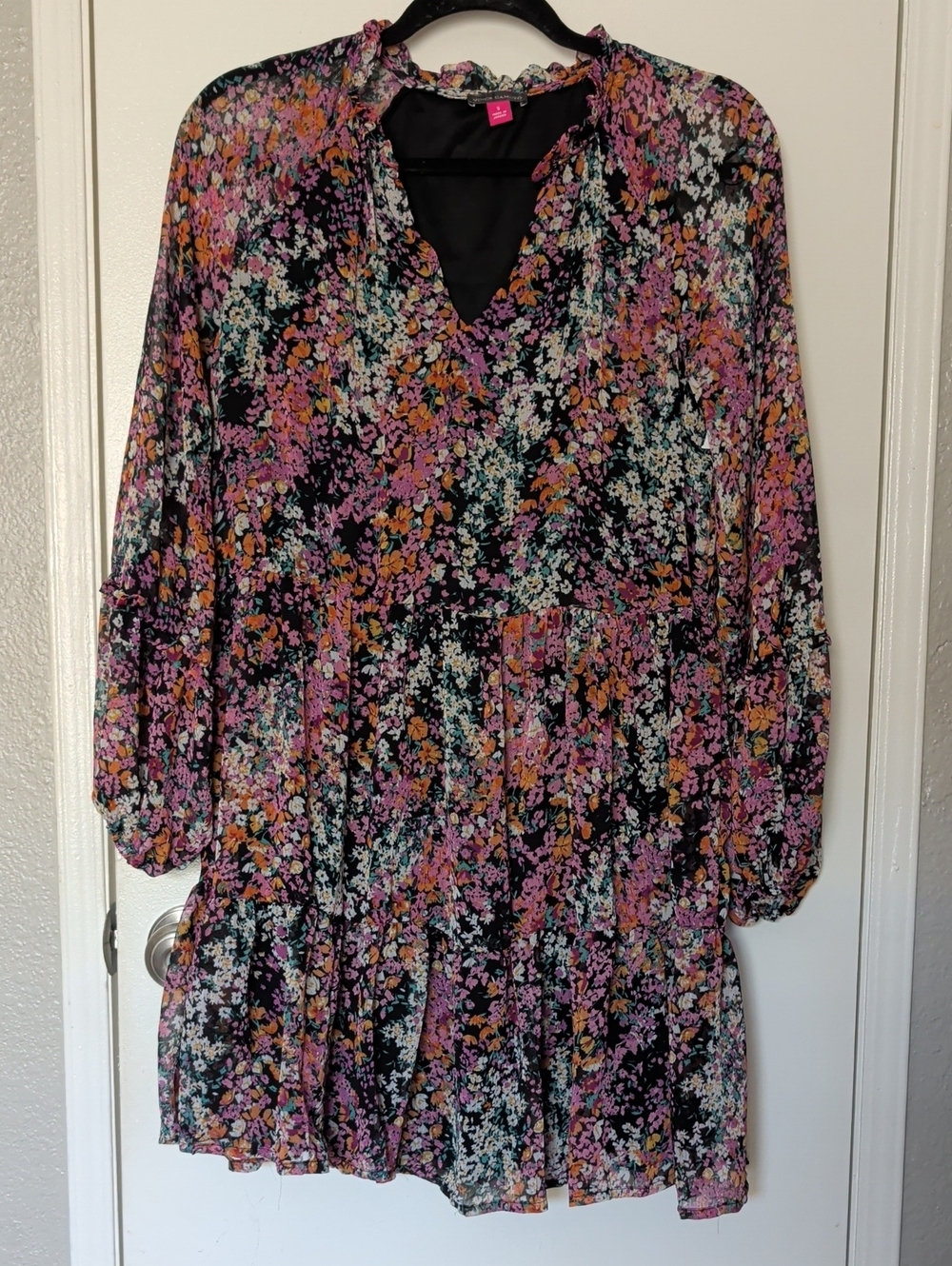 Vince Camuto Black Floral Tiered Long-Sleeve Dress Size Small